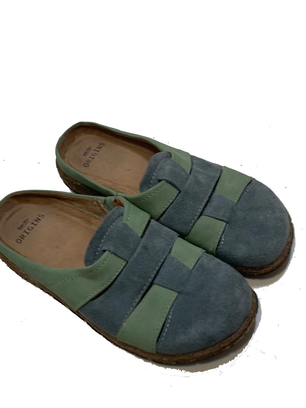 Earth Origins Blue and Sage Green Suede Slip-On Clogs